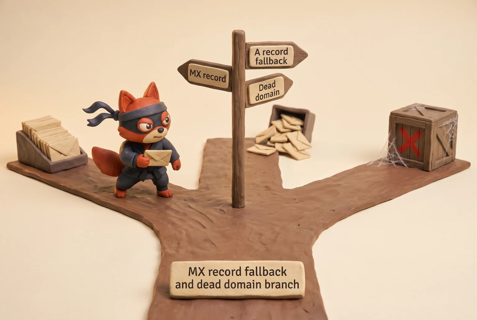 Flowchart showing DNS lookup branching to MX record, A record fallback, or dead domain.