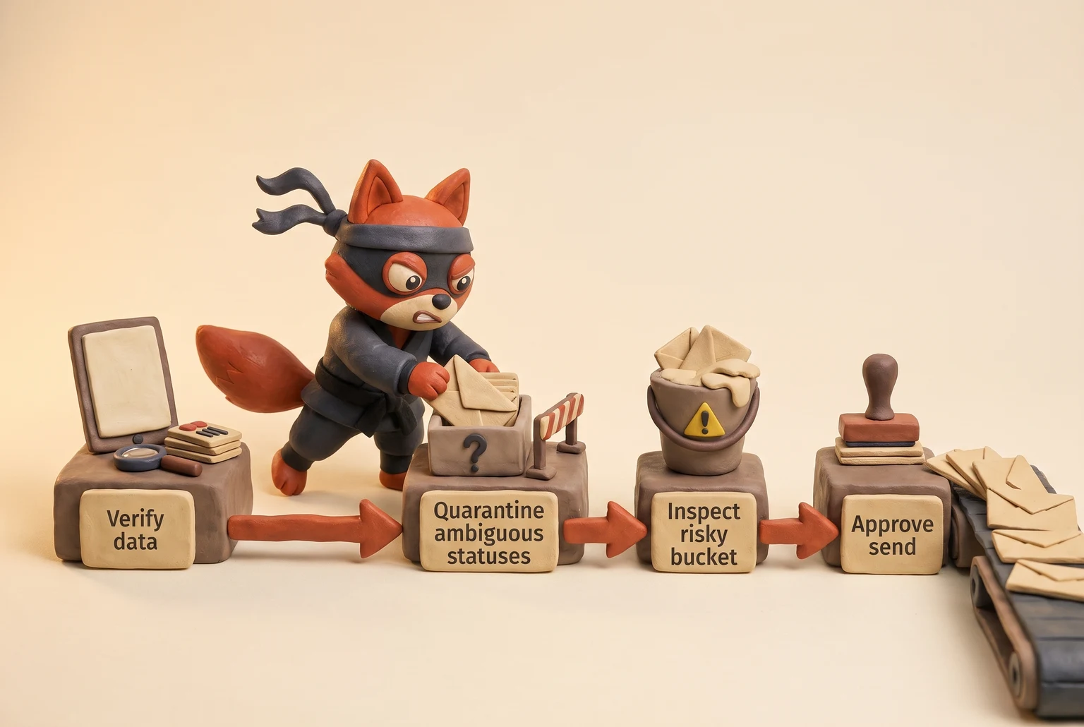 A fox routes bulk email verification results through four ordered quality-gate steps.