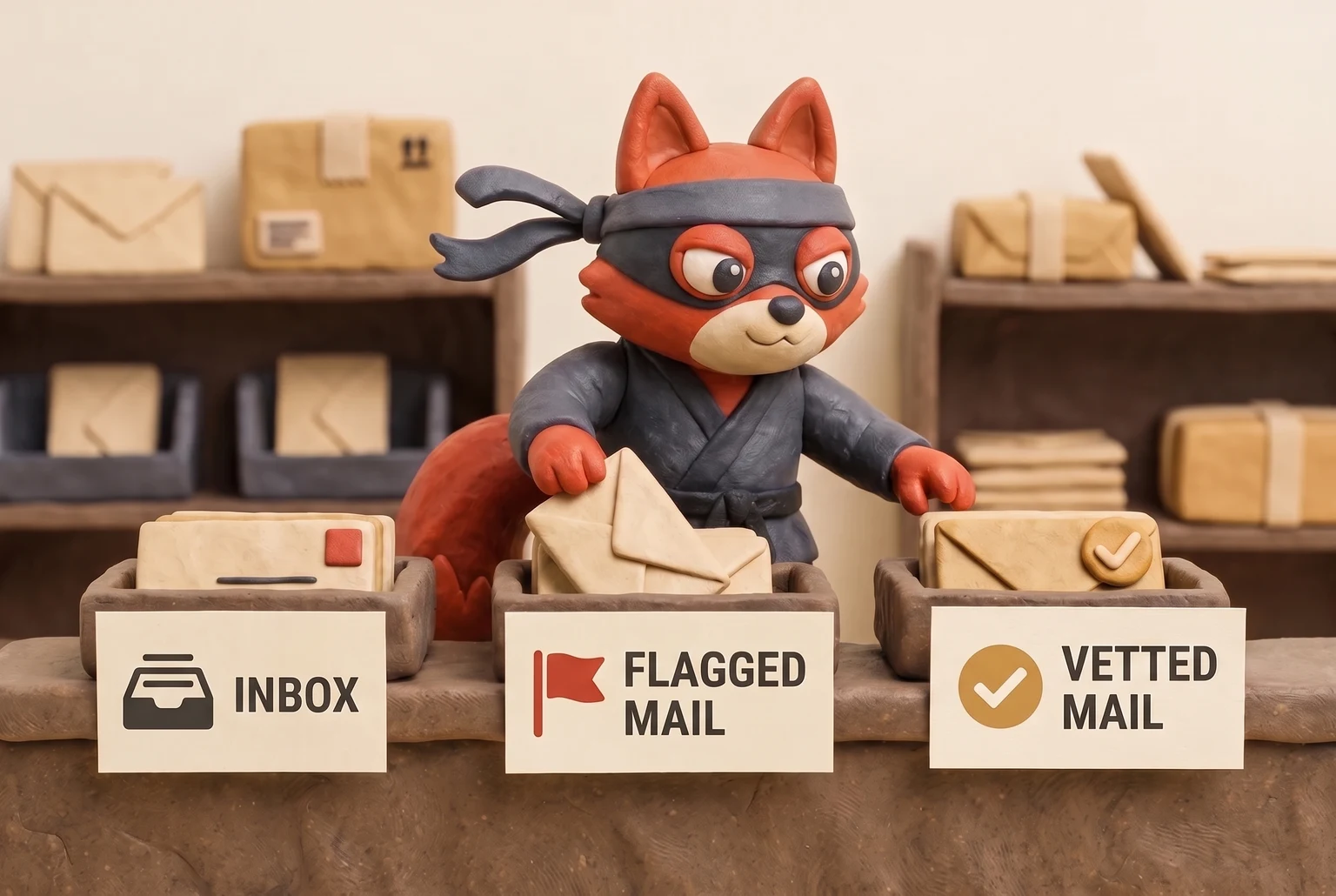 A mailroom fox sorts flagged public-pool mail from vetted self-managed mail.