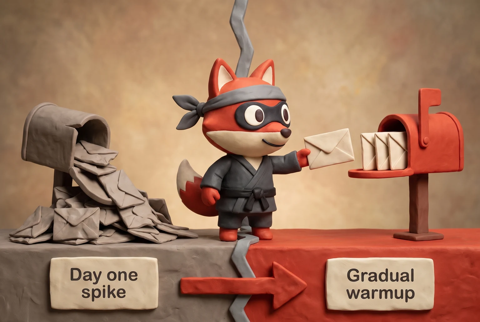 Day-one spike overwhelms the mailbox; gradual warmup delivers letters one by one.