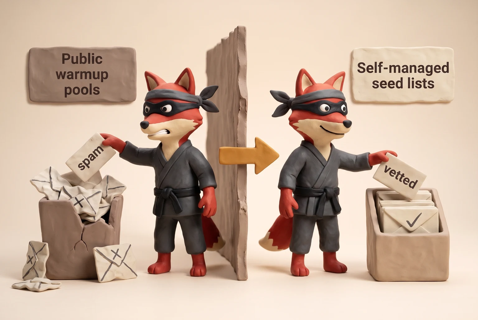 A mailroom fox sorts flagged public-pool mail from vetted self-managed mail.