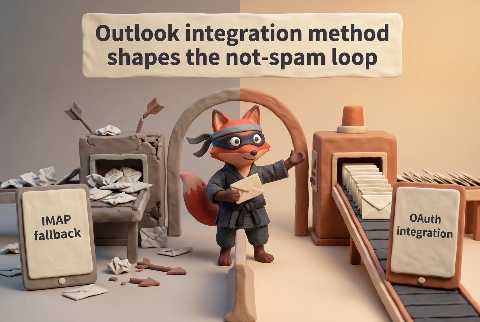 Two-panel contrast showing IMAP fallback leaves mail in junk while OAuth integration moves it out
