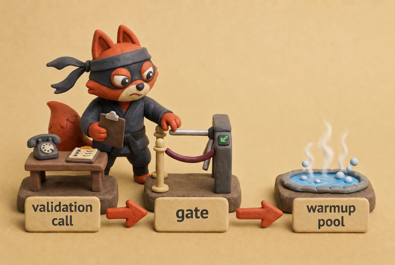 A fox bouncer checks the validation list before letting an address into the warmup pool.