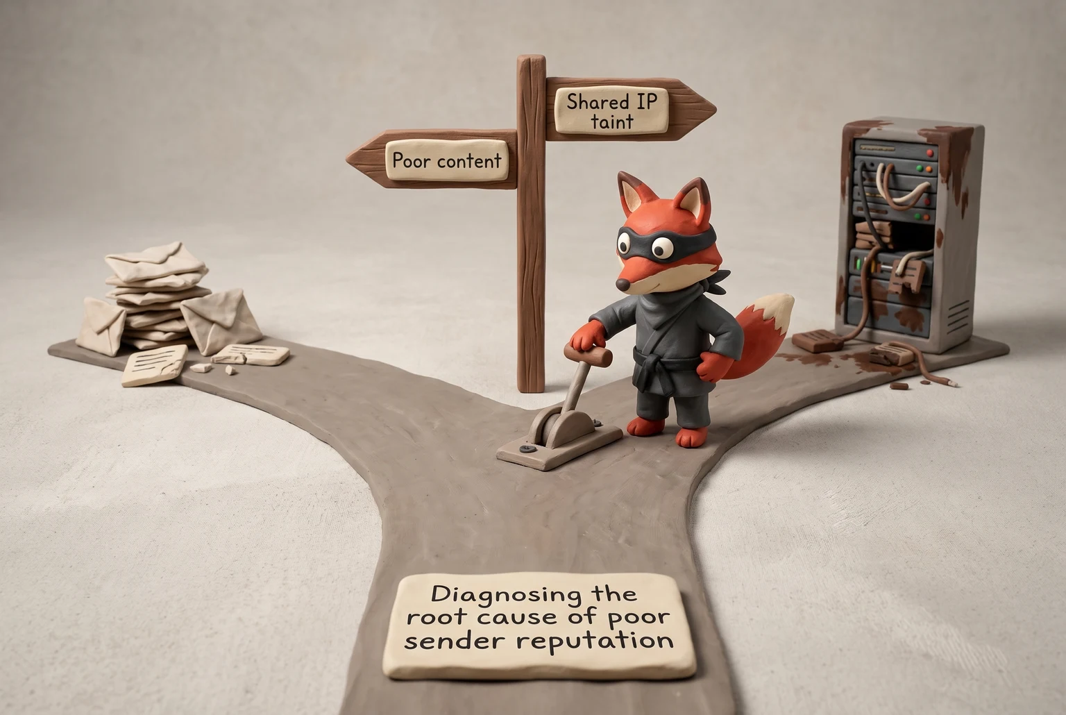 A fox as a railroad switch operator diagnosing two potential causes of poor email reputation.