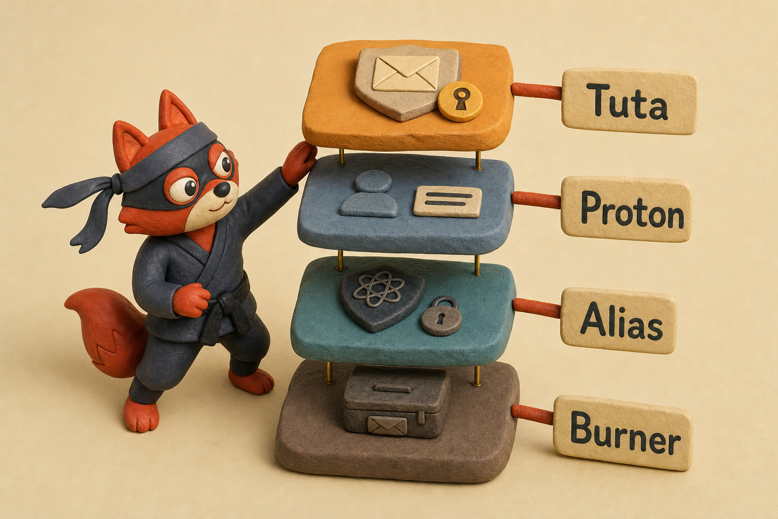 A four-tier stack of email accounts from disposable to encrypted.
