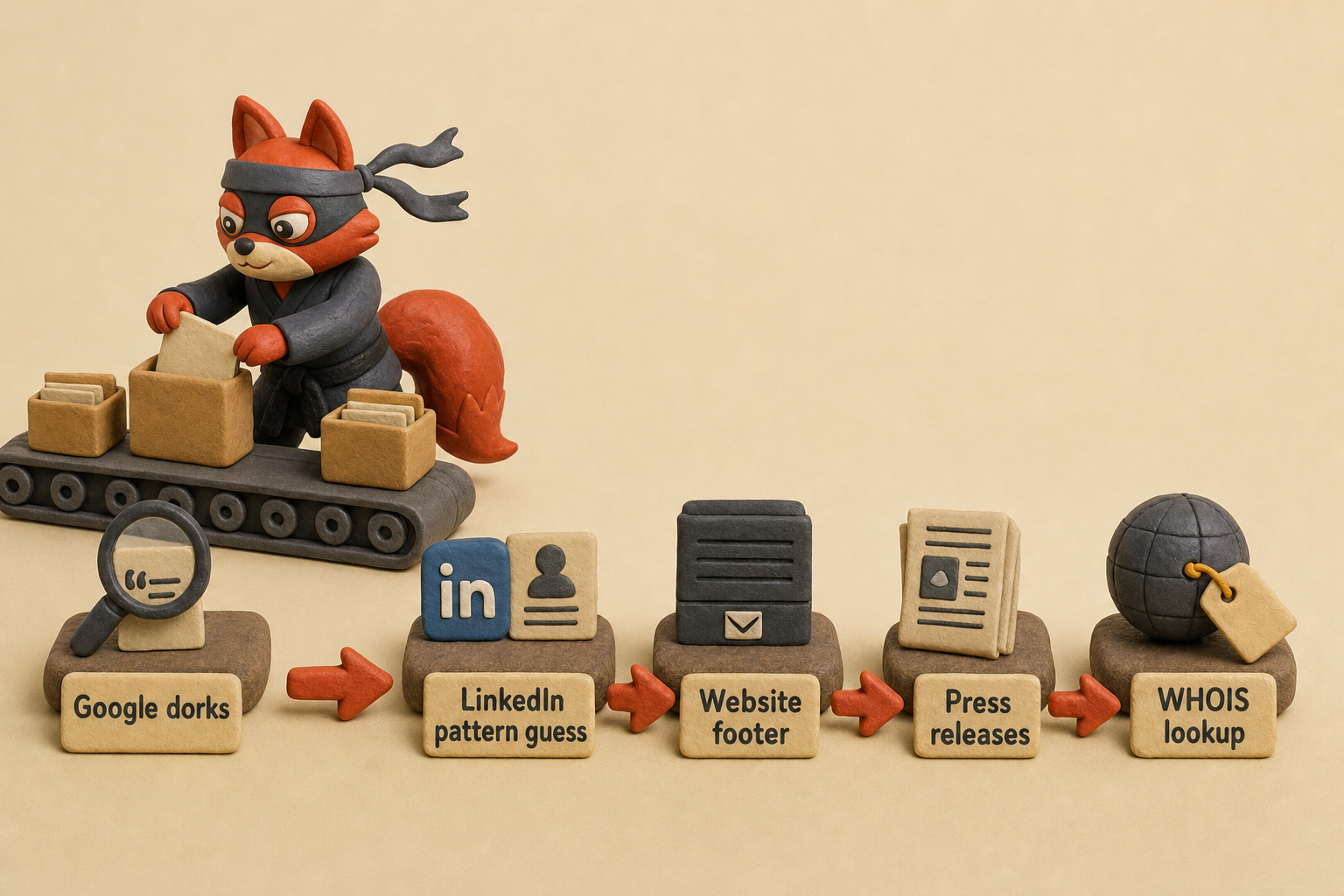 A clay conveyor belt sequence illustrating five manual methods for finding business emails, with a fox archivist sorting boxes.
