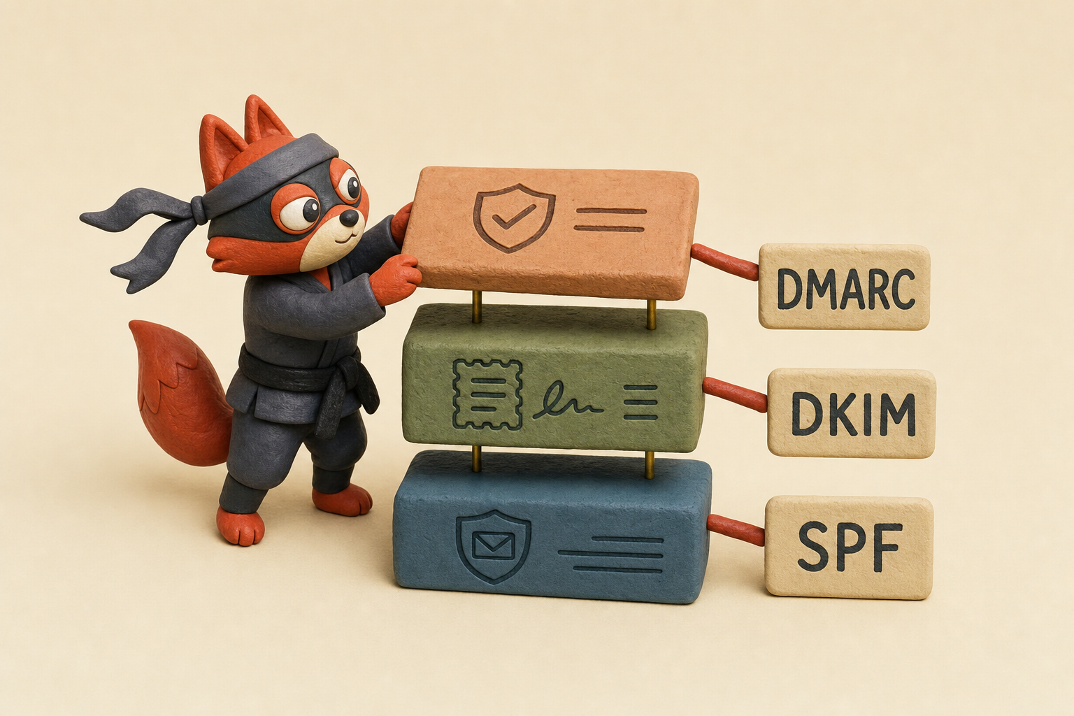 Stack of SPF, DKIM, and DMARC records that prove domain ownership and stop spoofing.
