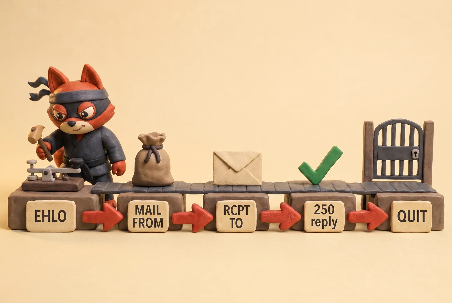 A fox operator sends EHLO, MAIL FROM, RCPT TO, reads the 250 reply, then sends QUIT.