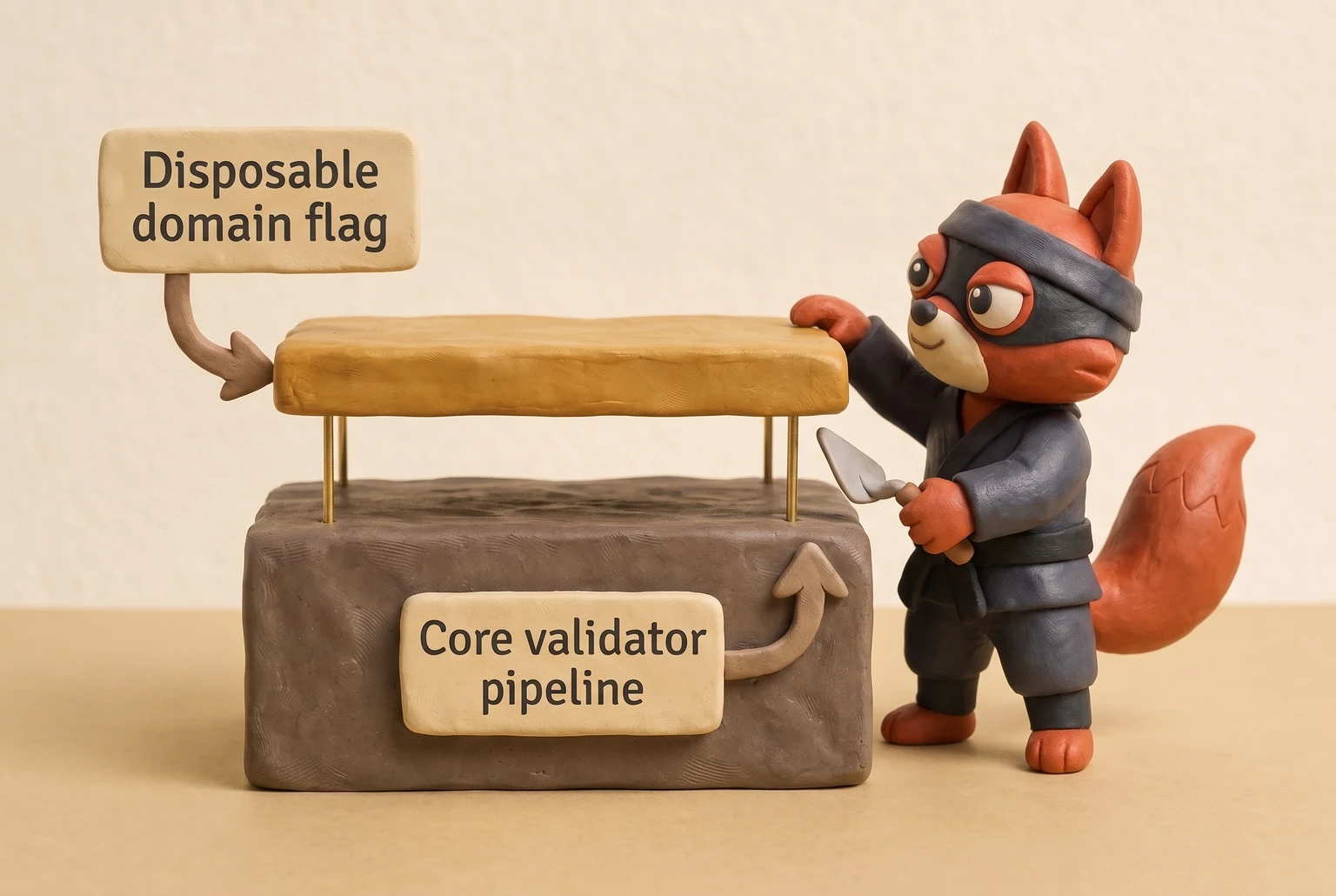 A stacked diagram with a core validation pipeline layer and a disposable detection flag on top.