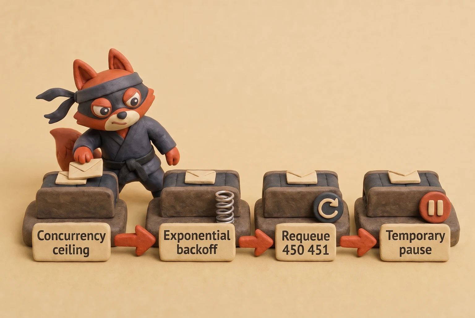 A fox mail sorter spaces envelopes through rate-limit backoff and retry stages.