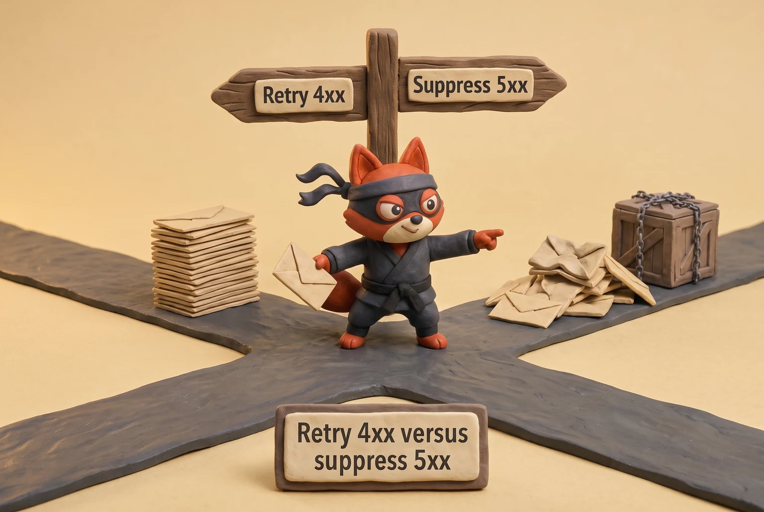 Fox mail sorter routes 4xx failures to retry and 5xx to suppress.