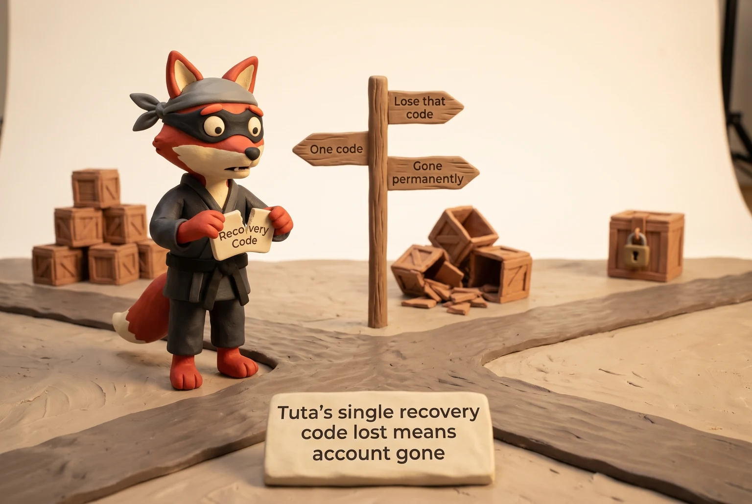 A fox archivist tears the only paper recovery code; the account is gone permanently.