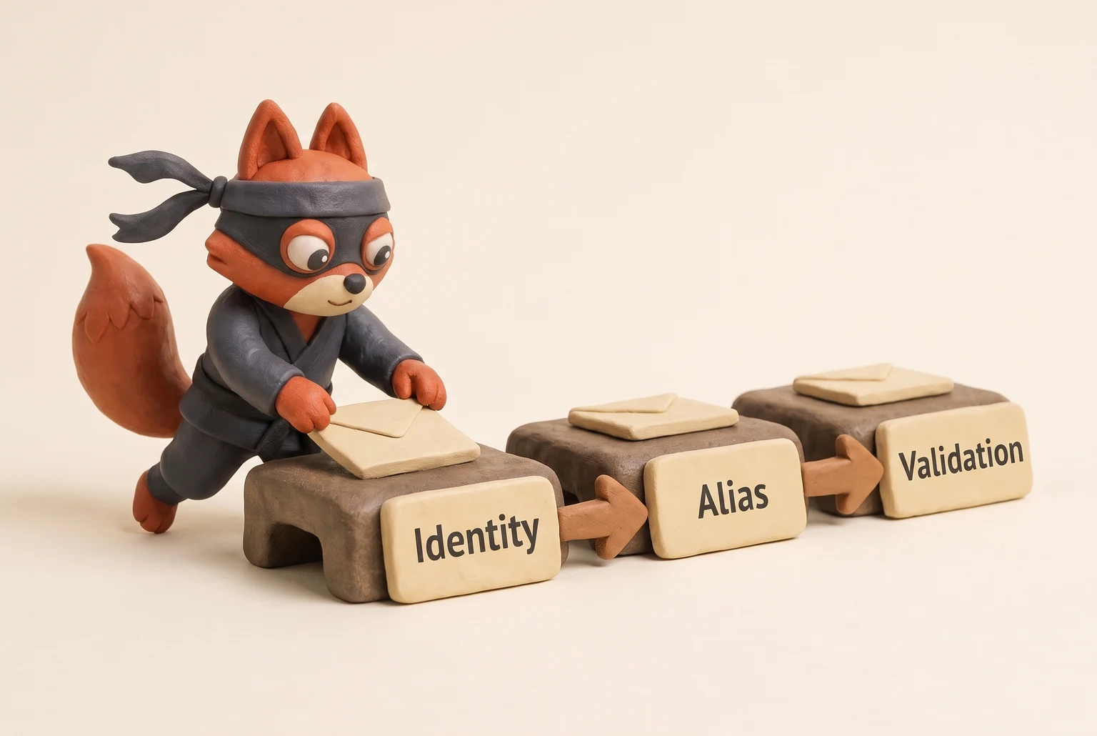 Three clay slabs on a conveyor show identity, alias, validation in order.