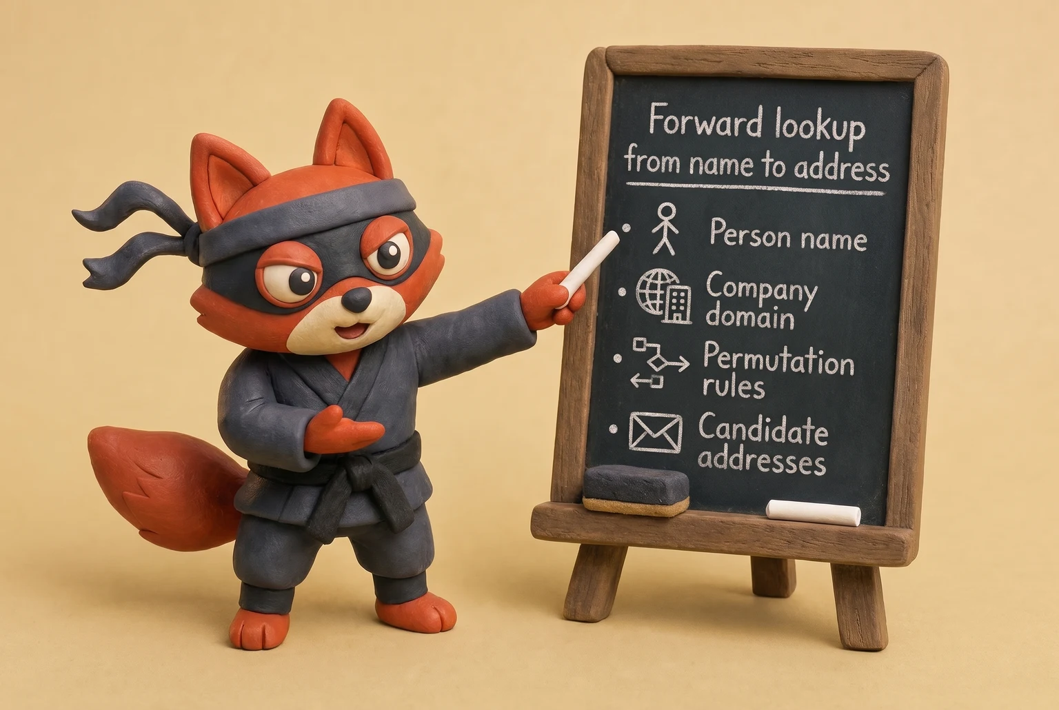 A chalkboard diagram mapping name, domain, and permutation rules to candidate Gmail addresses.