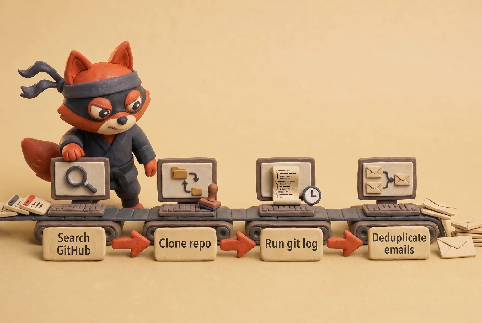 Fox clerk feeds GitHub commits through a terminal that outputs deduplicated emails