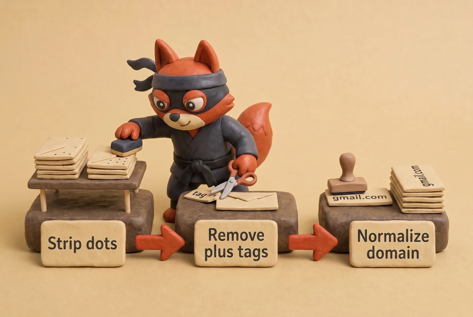 Three-step conveyor cleaning a Gmail address: strip dots, remove plus tag, normalize domain.