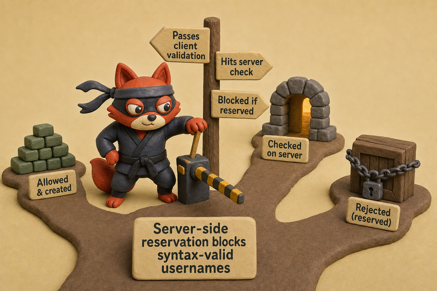 Gmail usernames pass client-side syntax checks but get blocked by Google's unpublished server-side reservation list after submission.