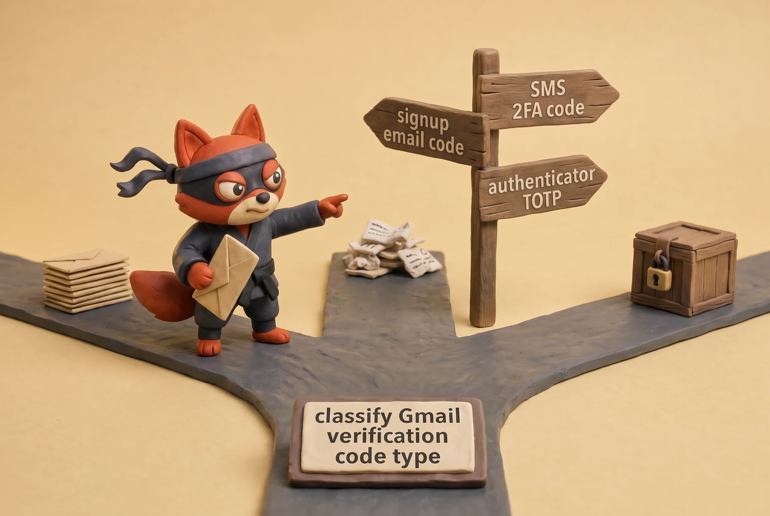 A fox postal clerk sorts email, SMS, and authenticator app code envelopes into labeled slots.