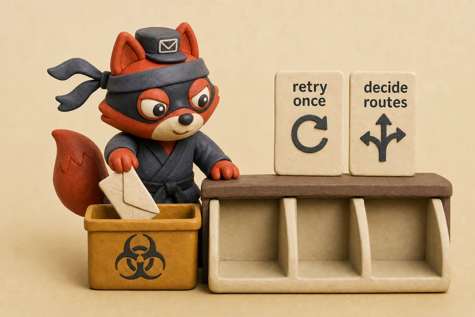 A fox mail clerk sorts validation results into quarantine, retry once, and decide routes.
