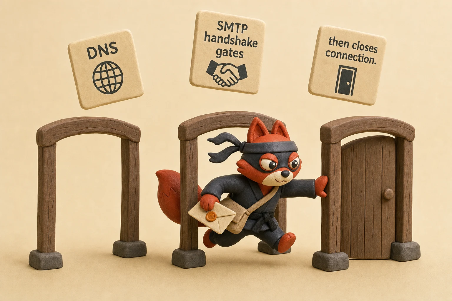 Fox courier moves an envelope through syntax, DNS, and SMTP handshake gates, then closes connection.