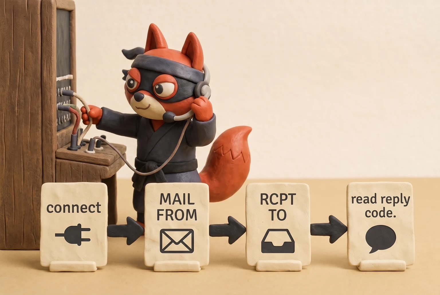 Fox switchboard operator performs SMTP handshake steps: connect, MAIL FROM, RCPT TO, read reply code.
