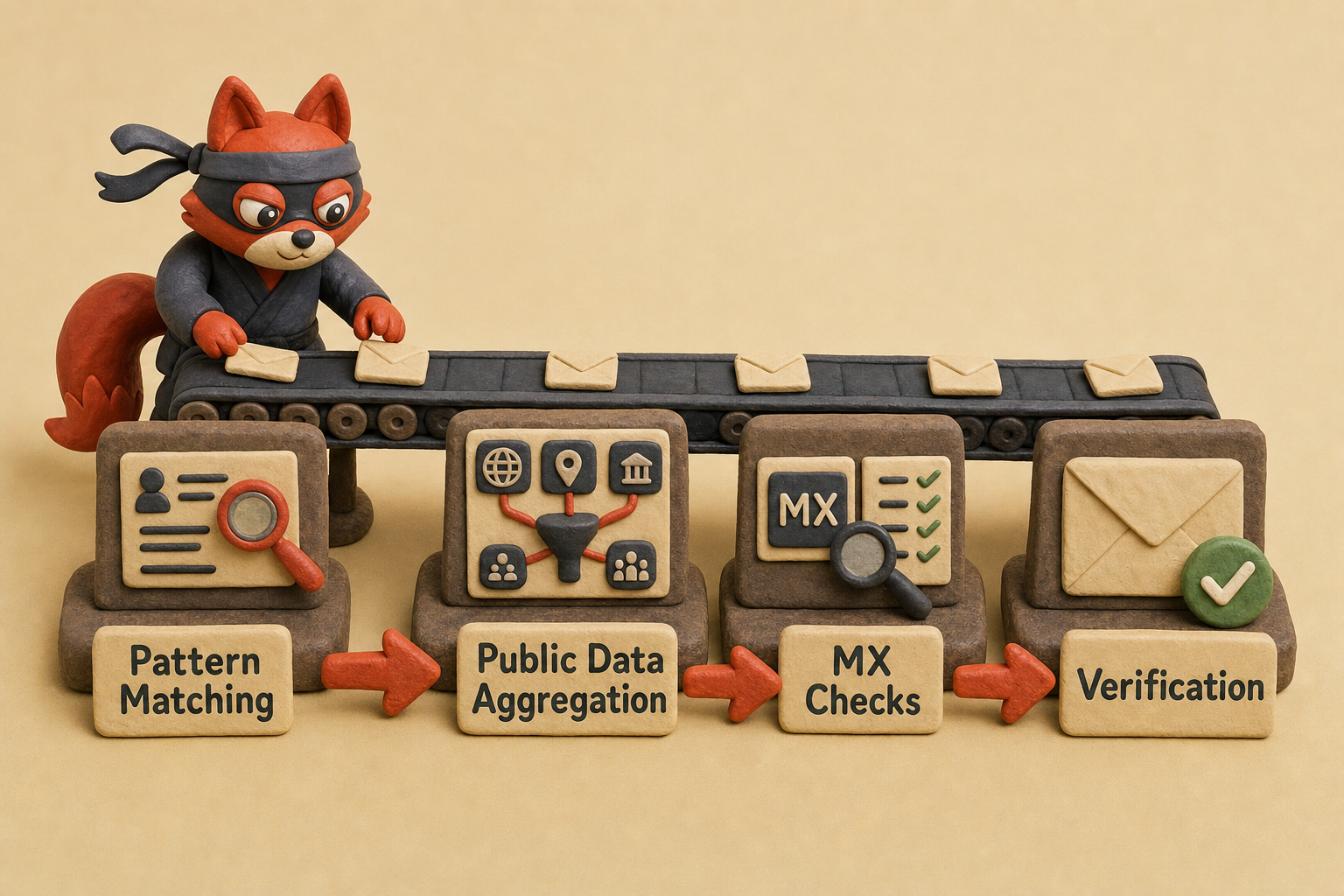 A fox assembling the four-step email finder pipeline from pattern generation to verification.