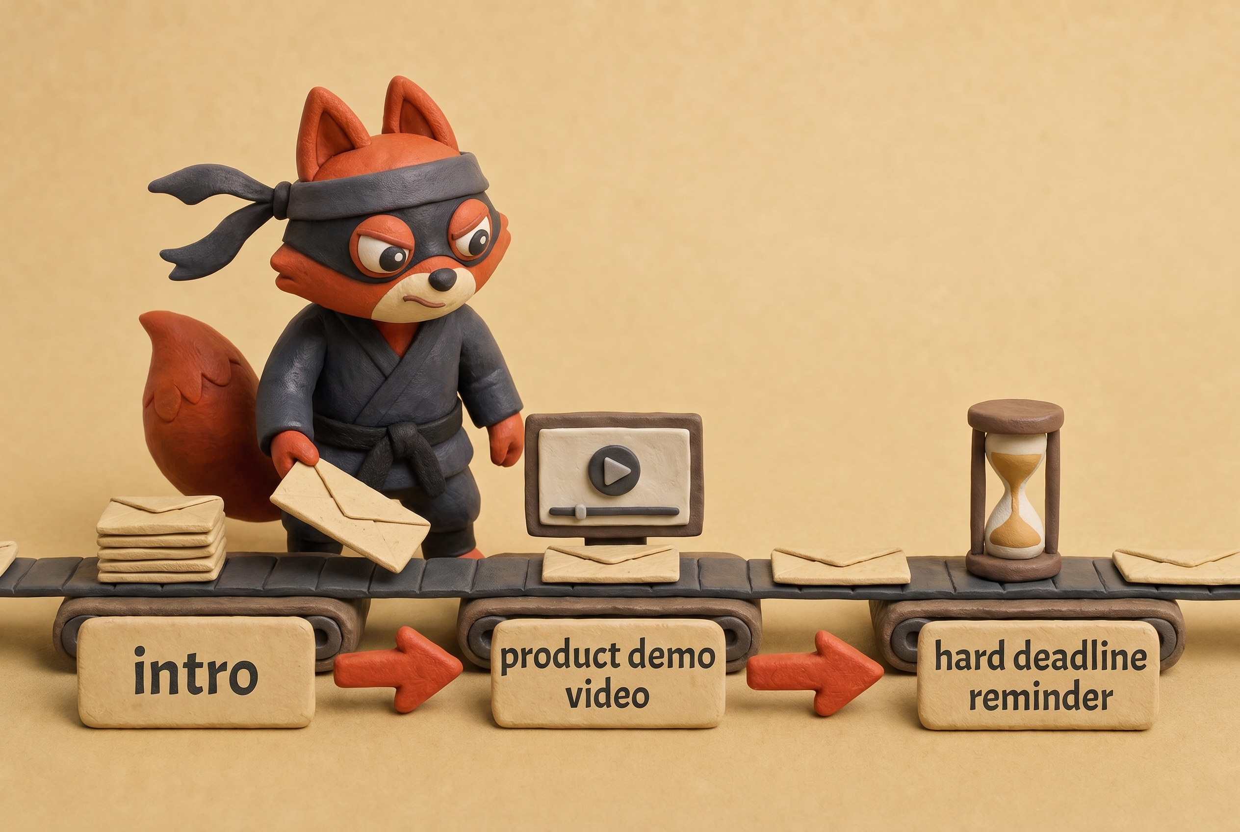 A three-email timeline: intro, product demo, and hard deadline reminder over 7 days.