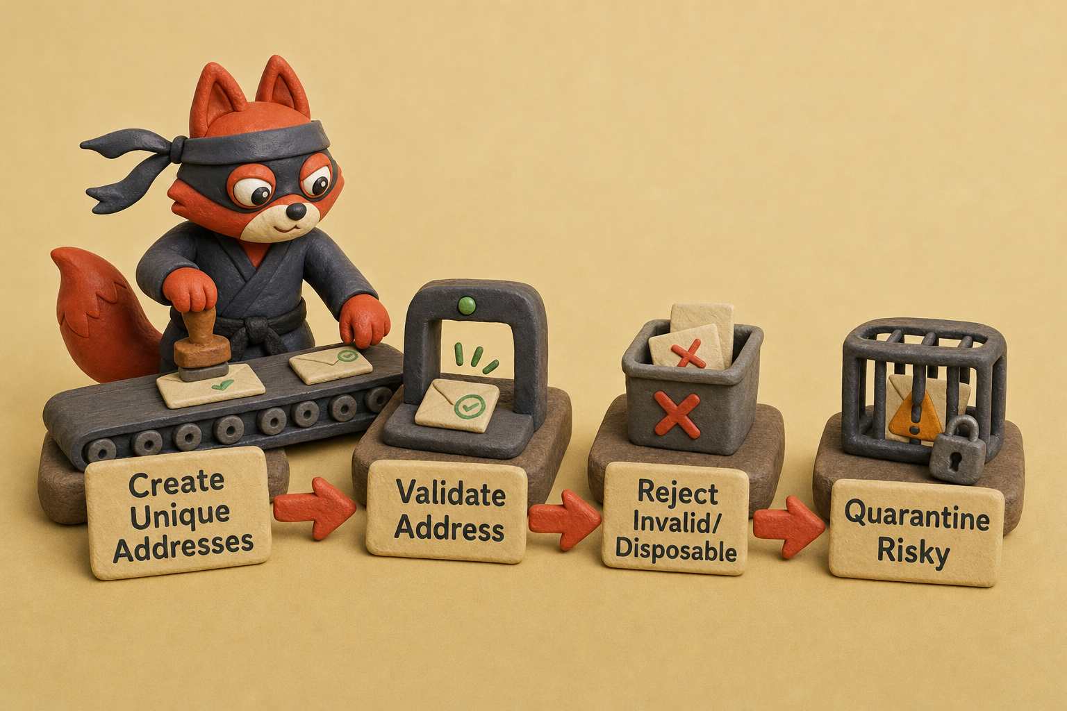 A pre-delivery email validation pipeline: aliases created, addresses validated, and unwanted emails filtered out.