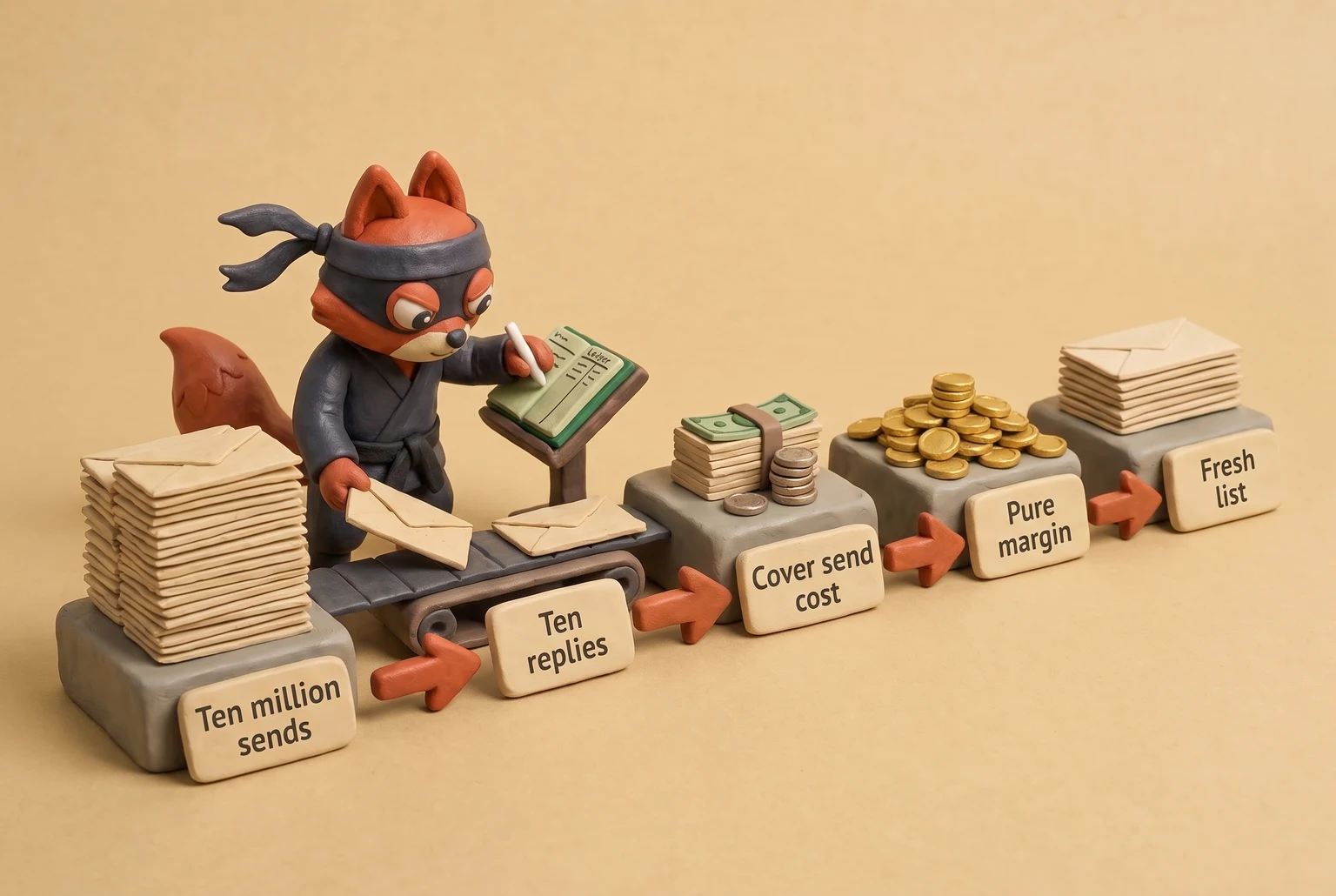 Conveyor showing ten million sends producing ten replies, two pay cost, third margin, then fresh list.