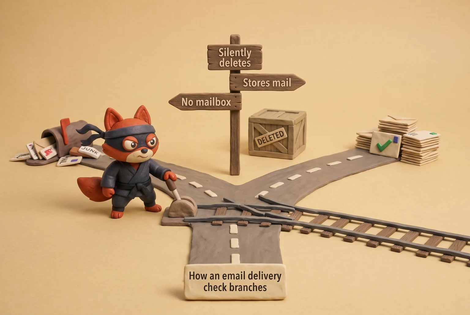 A fox as a railway signalman directs an incoming email down different tracks based on delivery checks.