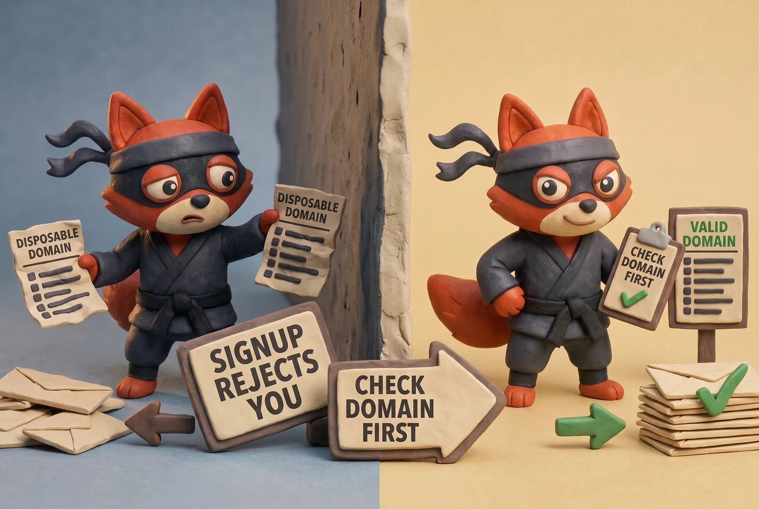 A disposable email domain is rejected vs. checking the domain against a blocklist first.