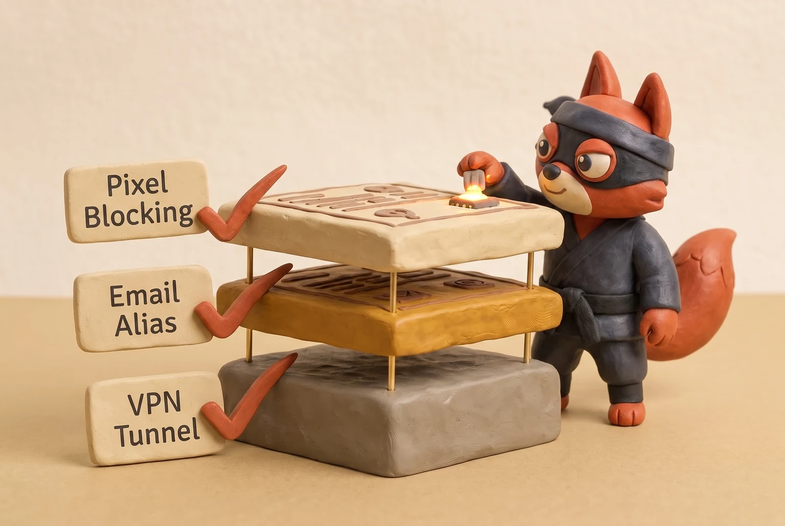 A fox building a privacy stack with a VPN, email alias, and pixel blocking.