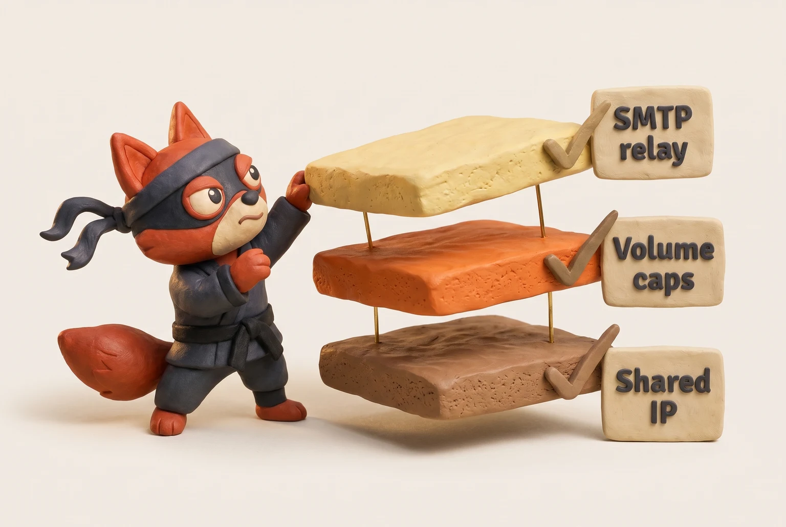 Stacked clay layers showing free tier: shared IP, volume caps, SMTP relay.