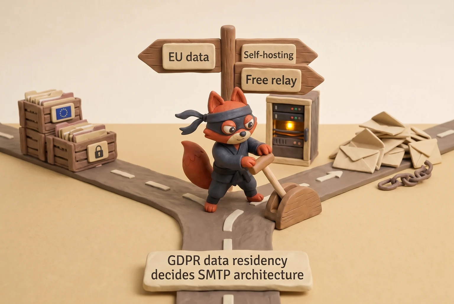 A decision fork: EU data routes to self-hosting, otherwise free relay.