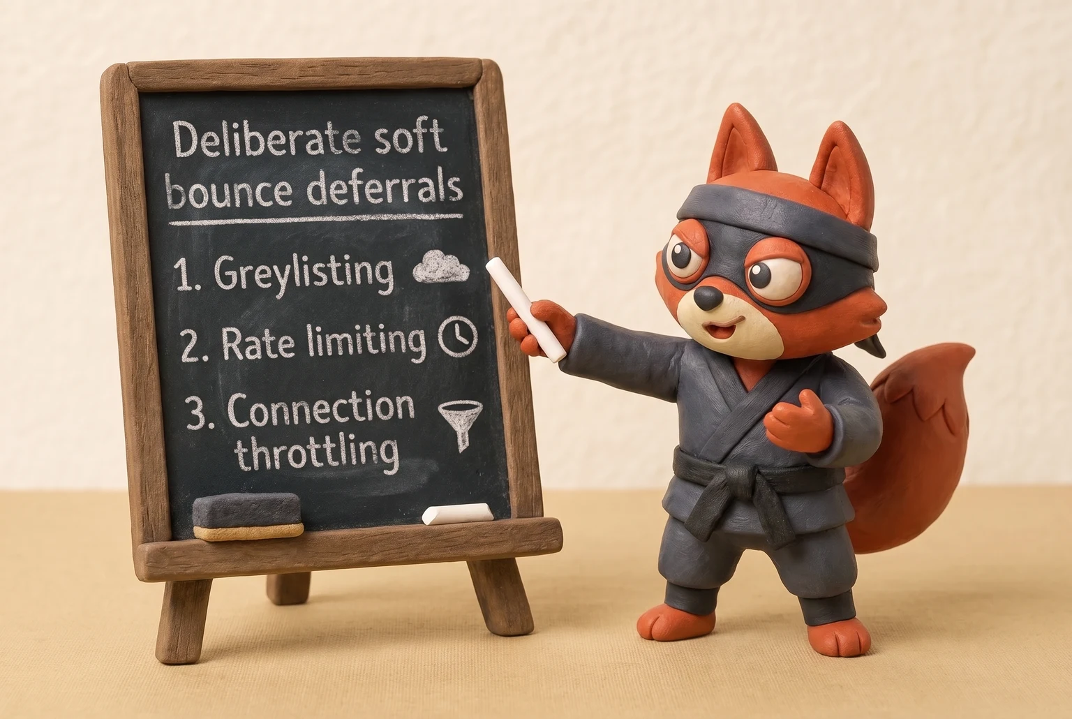 A chalkboard labels greylisting, rate limiting, and connection throttling as deliberate soft bounce causes.