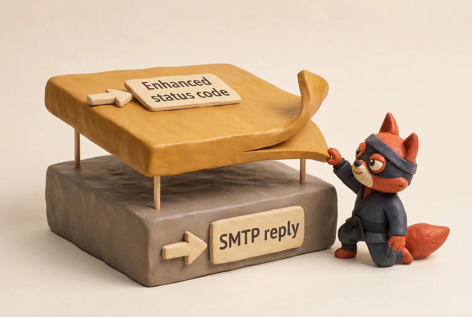 A fox peels back the SMTP reply layer to reveal the enhanced status code beneath.