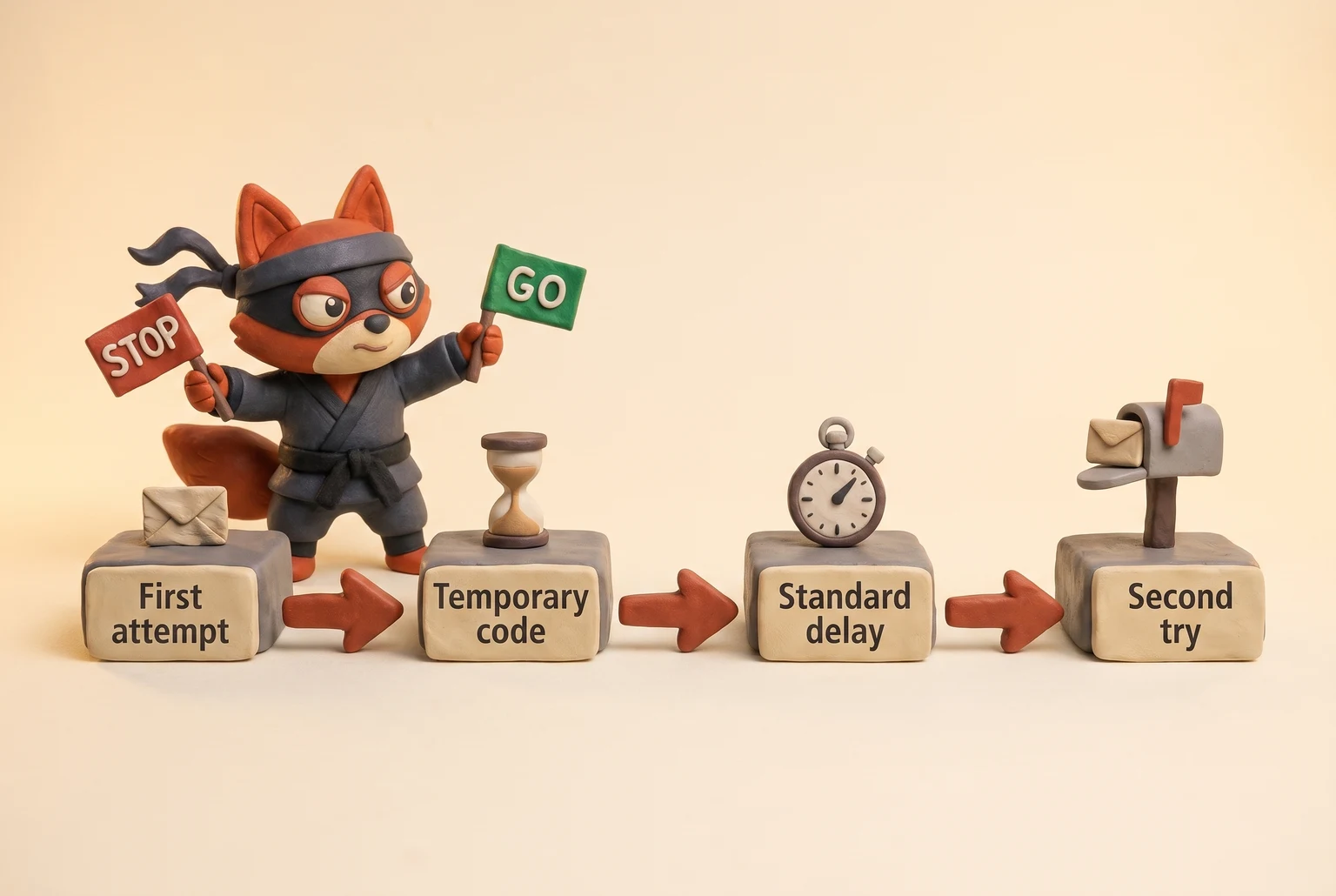 The greylisting protocol sequence of an attempt, a temporary failure, a delay, and a successful retry.